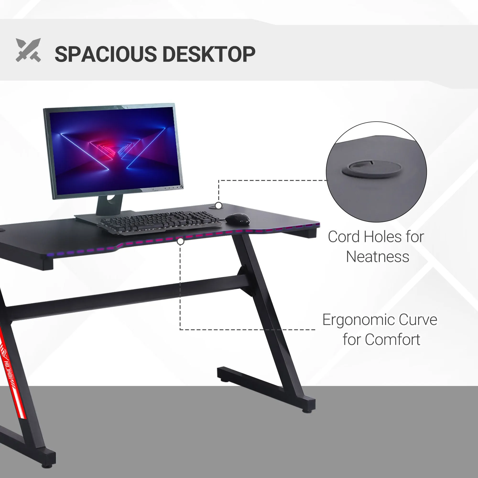 1.2m Gaming Desk Z-Shaped Racing Style Home Office Computer Table with 2 Cable Managements for Study Workstation Black Management