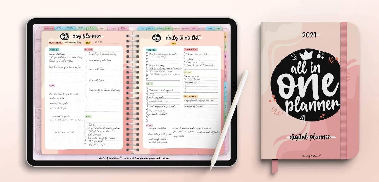 2024 Digital GoodNotes Planner for iPads & Tablets - Daily, Weekly & Monthly notebook pages: Clickable Index, Hyperlinked Tabs, Note Section