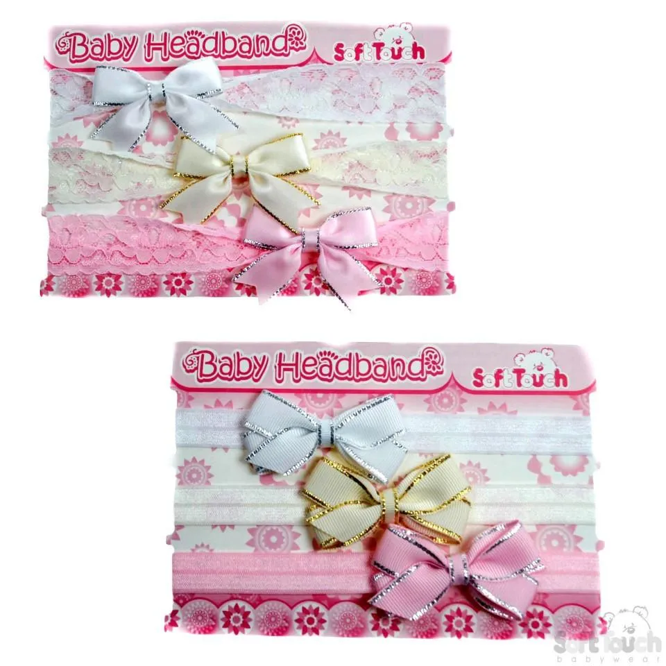 3 PACK GIRLS HEADBANDS W/BOW & GOLD OR SILVER TRIM: HB47