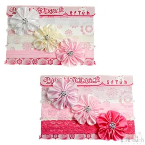 3 Pack Headbands W/Satin Flower & Flower Diamonte: HB64-17