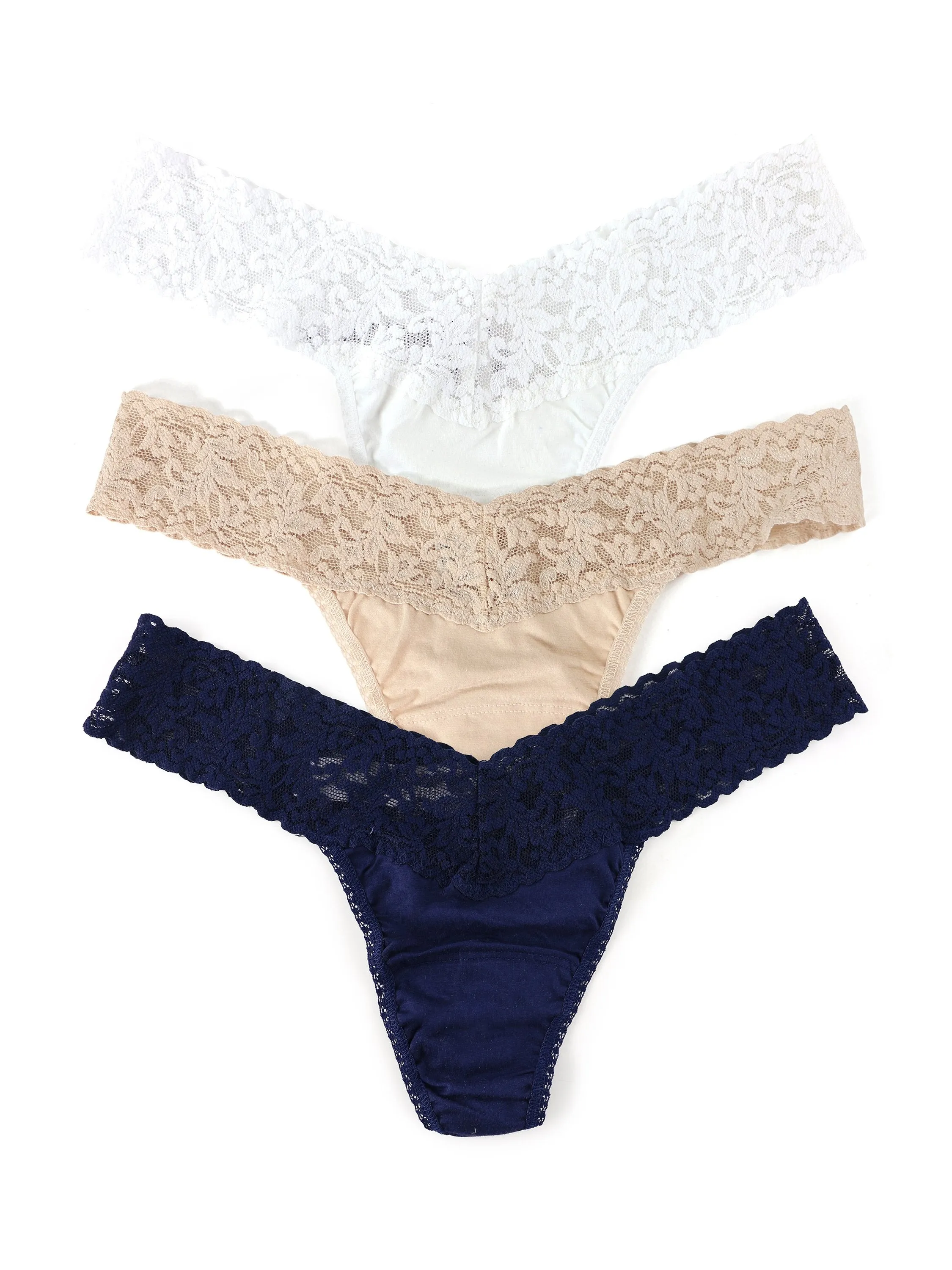 3 Pack Supima® Cotton Low Rise Thongs with Lace White/Chai/Navy