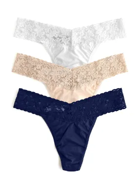 3 Pack Supima® Cotton Original Rise Thongs with Lace White/Chai/Navy