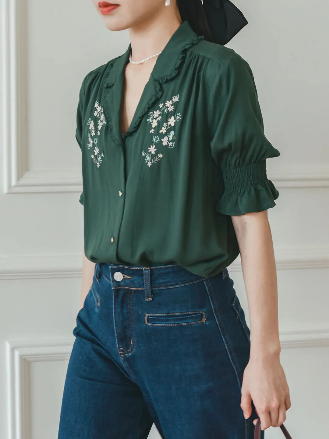 Alicia Floral Embroidery V-Neck Blouse