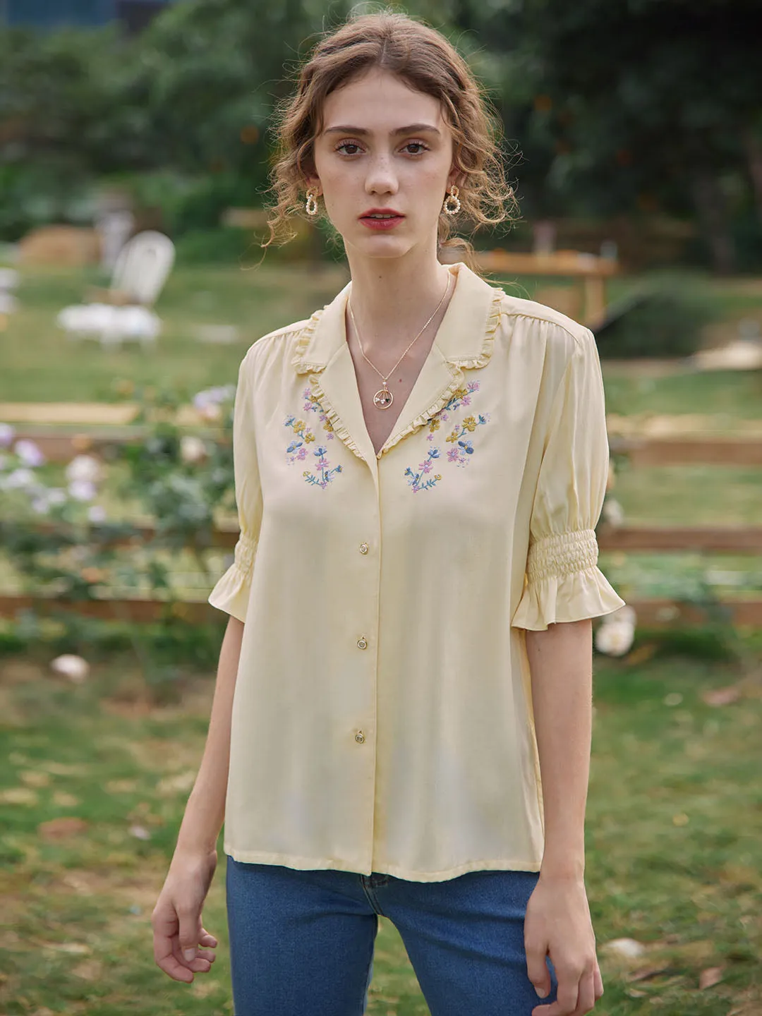 Alicia Floral Embroidery V-Neck Blouse