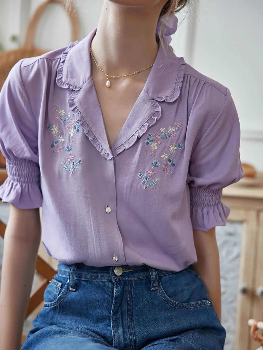 Alicia Floral Embroidery V-Neck Blouse