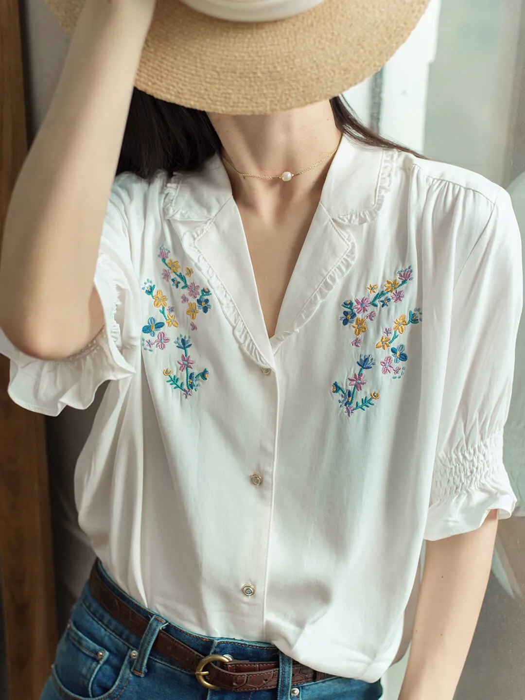 Alicia Floral Embroidery V-Neck Blouse