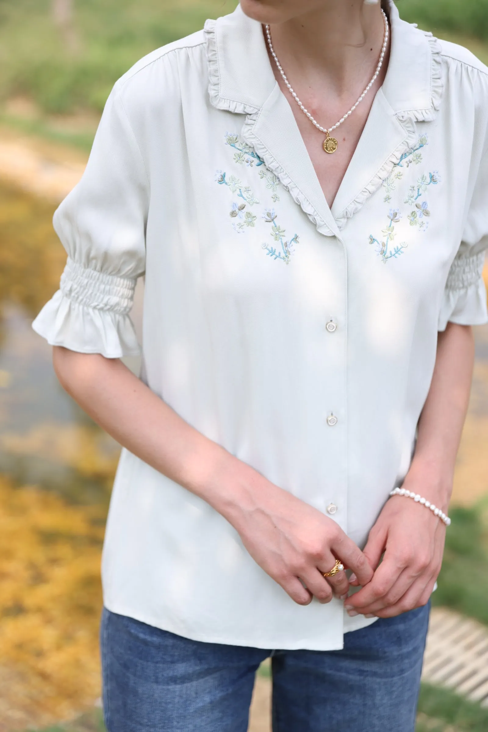 Alicia Floral Embroidery V-Neck Blouse