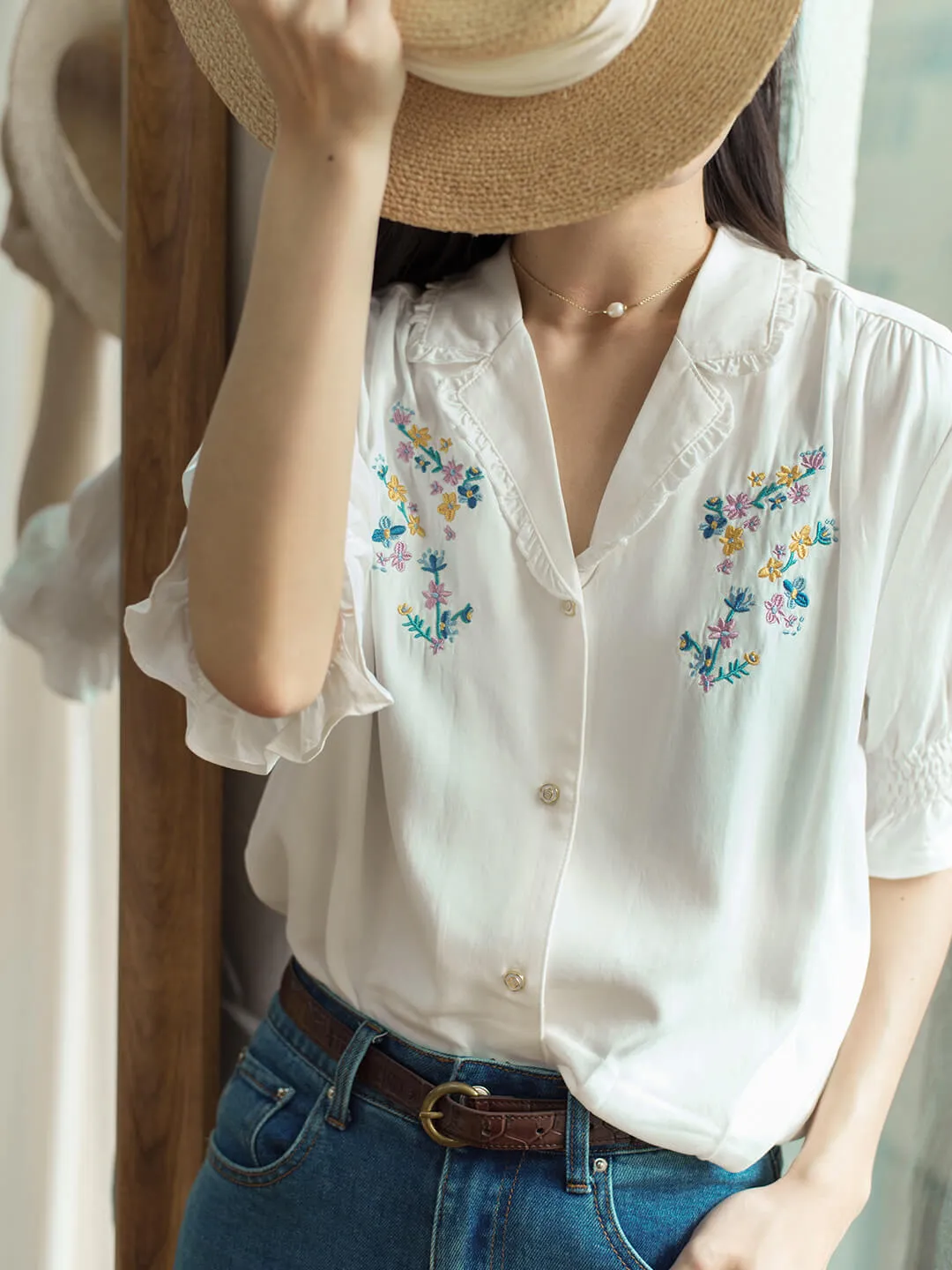 Alicia Floral Embroidery V-Neck Blouse