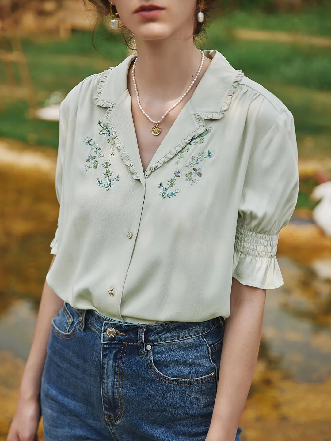 Alicia Floral Embroidery V-Neck Blouse