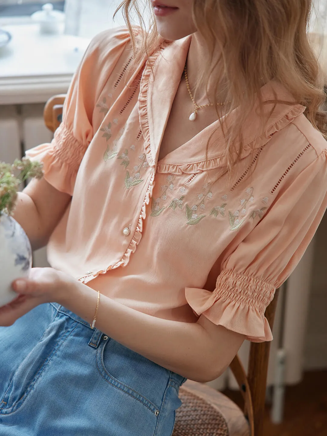 Alicia Floral Embroidery V-Neck Blouse