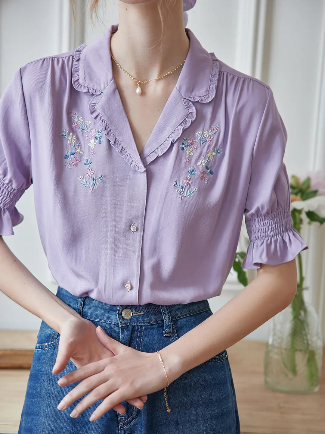 Alicia Floral Embroidery V-Neck Blouse