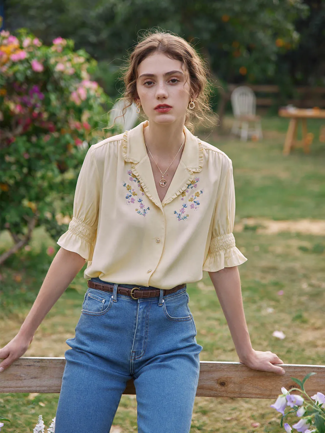 Alicia Floral Embroidery V-Neck Blouse