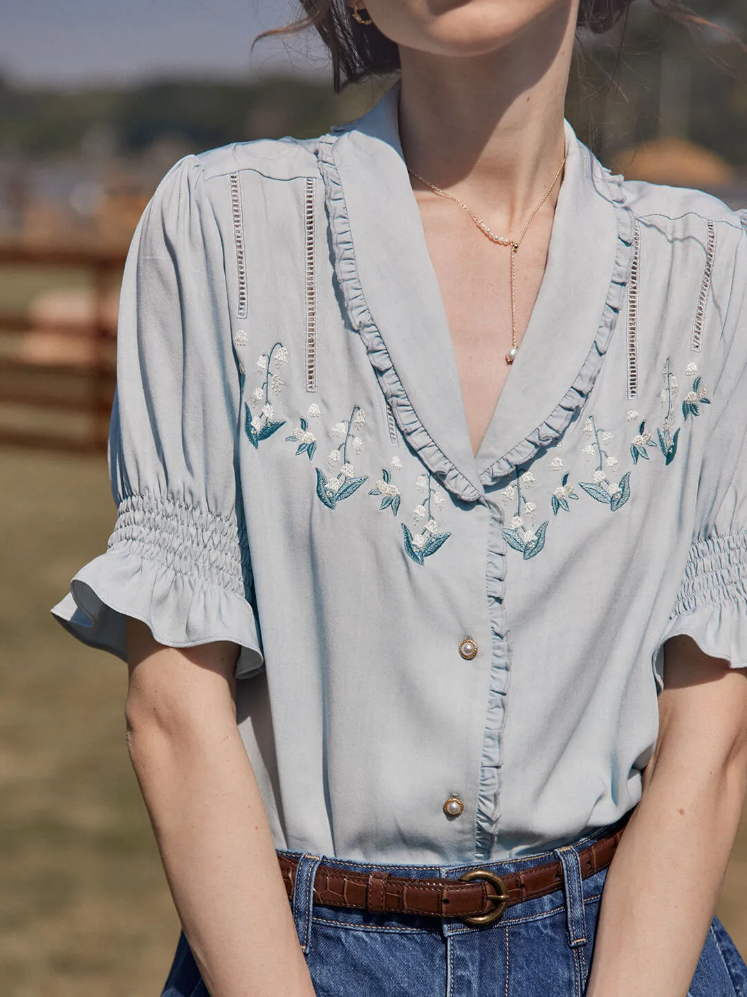 Alicia Floral Embroidery V-Neck Blouse