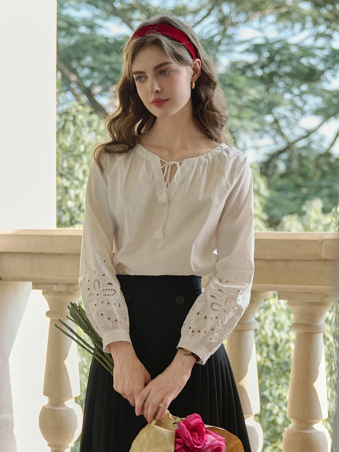 Ariel Lace-up V-neck Hollow Embroidered Cotton Blouse