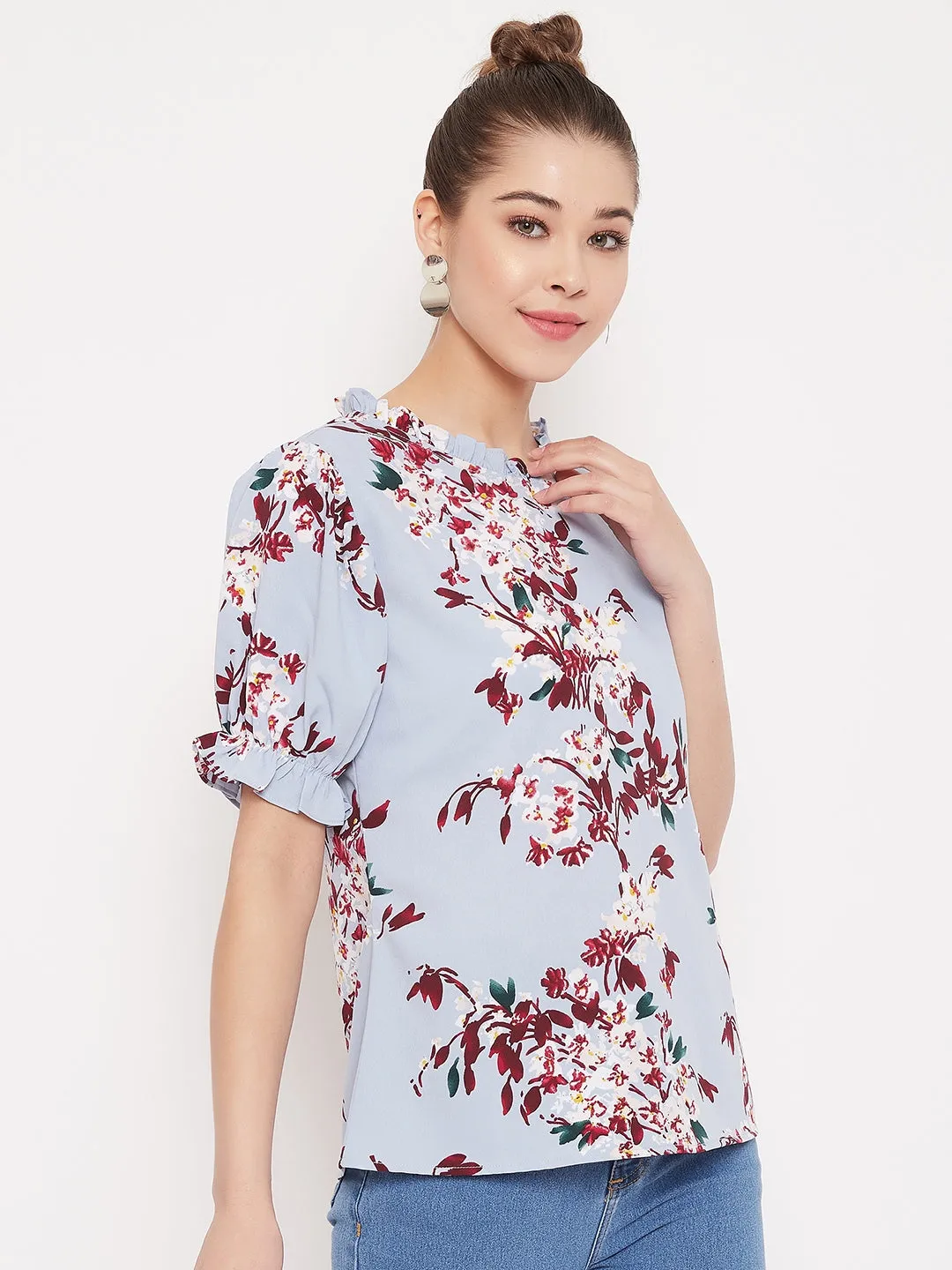 Berrylush Women Blue Floral Printed Round High Neck Top