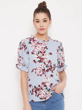 Berrylush Women Blue Floral Printed Round High Neck Top