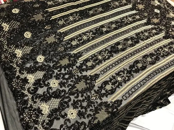 Luxury Black Sequin Embroidered 4-Way Stretch Fabric for Elegant Wedding and Prom Dresses, Fashion Decorations, and Special Occasions