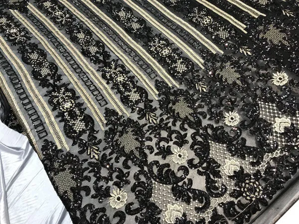 Luxury Black Sequin Embroidered 4-Way Stretch Fabric for Elegant Wedding and Prom Dresses, Fashion Decorations, and Special Occasions