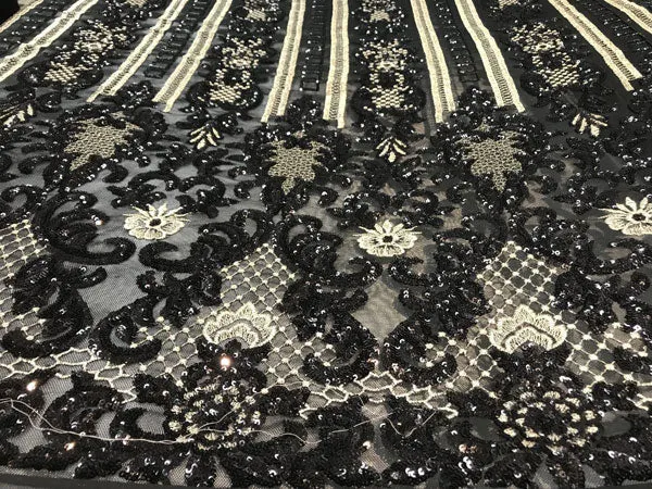 Luxury Black Sequin Embroidered 4-Way Stretch Fabric for Elegant Wedding and Prom Dresses, Fashion Decorations, and Special Occasions