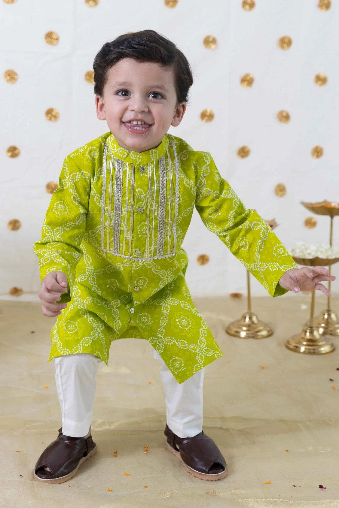 Boy Bandhani Print Cotton Kurta Set - Green