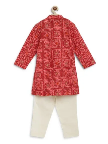 Boy Bandhani Print Cotton Kurta Set - Red