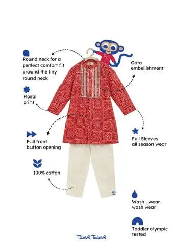 Boy Bandhani Print Cotton Kurta Set - Red