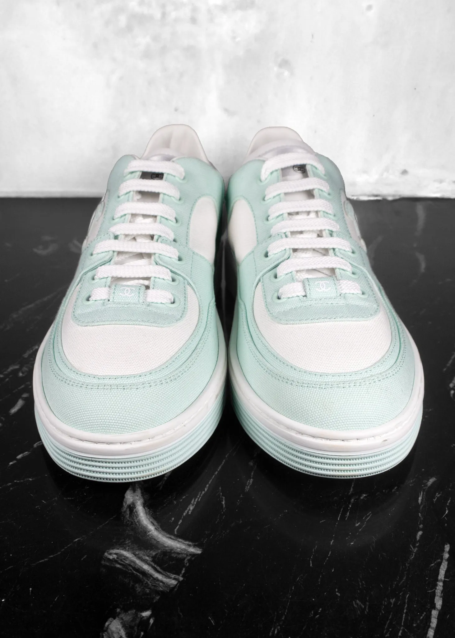 Chanel Light Turquoise White Cotton Sneakers