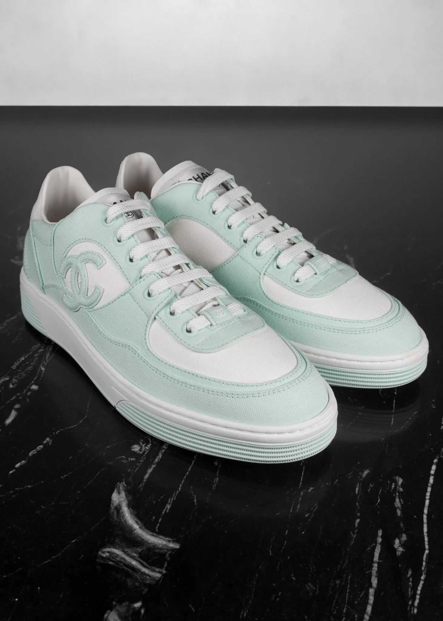 Chanel Light Turquoise White Cotton Sneakers