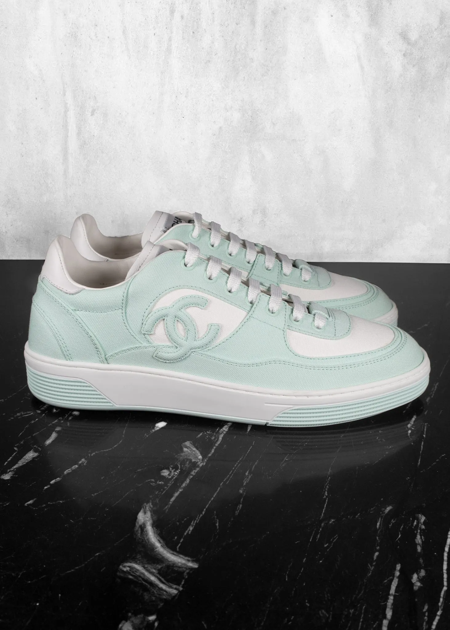 Chanel Light Turquoise White Cotton Sneakers