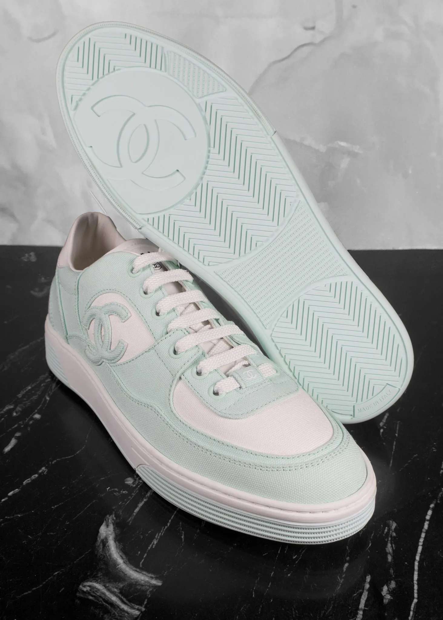 Chanel Light Turquoise White Cotton Sneakers