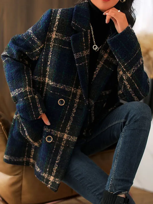 Coats Retro Plaid Casual Woolen Coat for Women