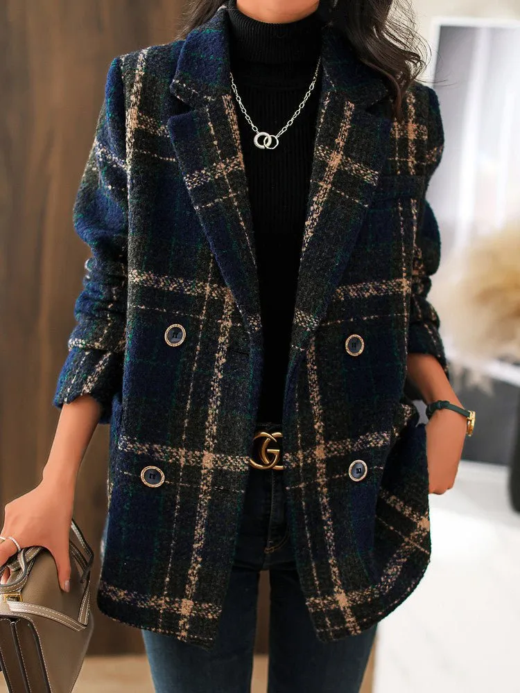 Coats Retro Plaid Casual Woolen Coat for Women