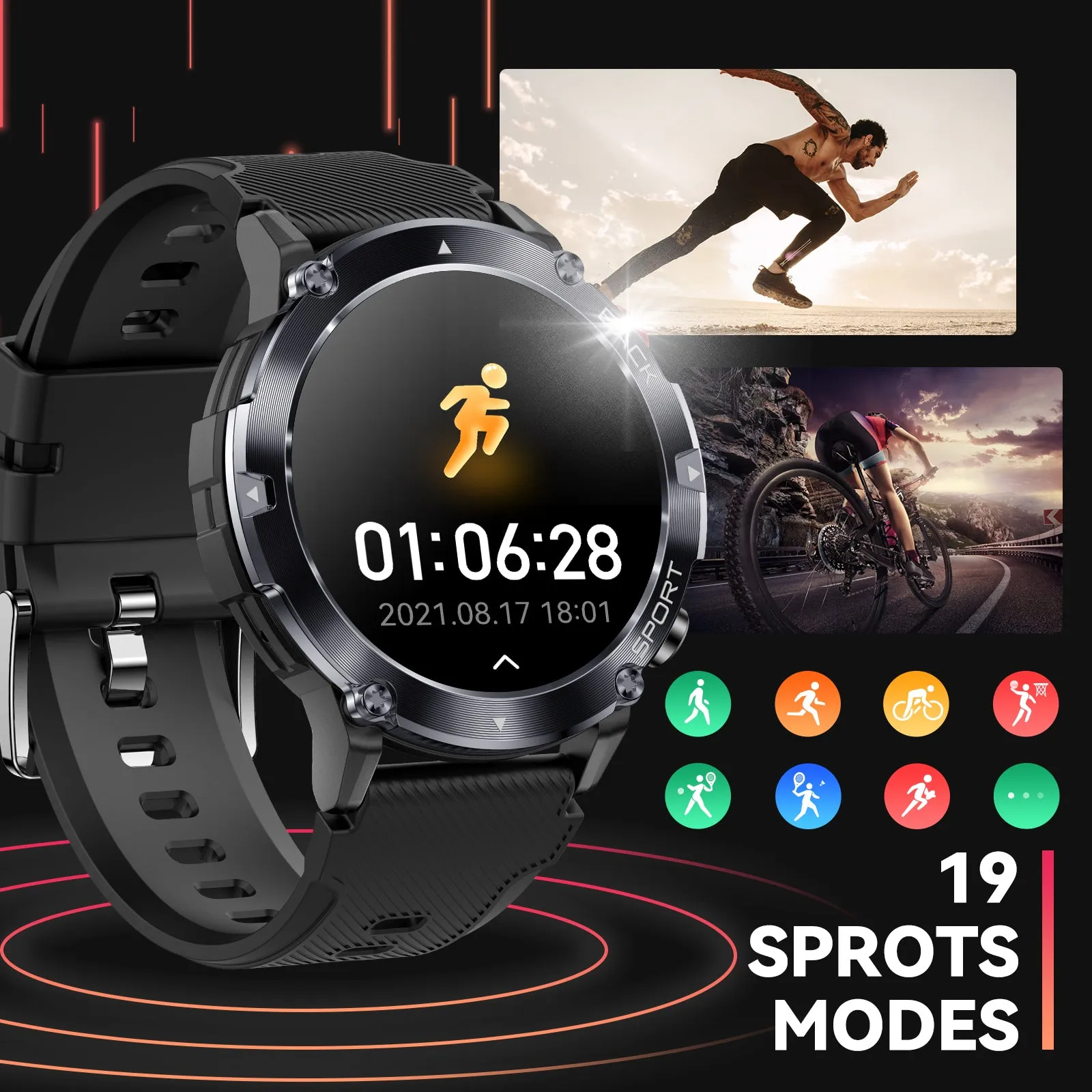 EIGIIS Military Smart Watch for Men Outdoor Tactical Smartwatch Rugged Bluetooth Dail Calls Speaker 1.32’’ HD Touch Screen Waterproof Fitness Tracker with Heart Rate Monitor for iOS Android Phones