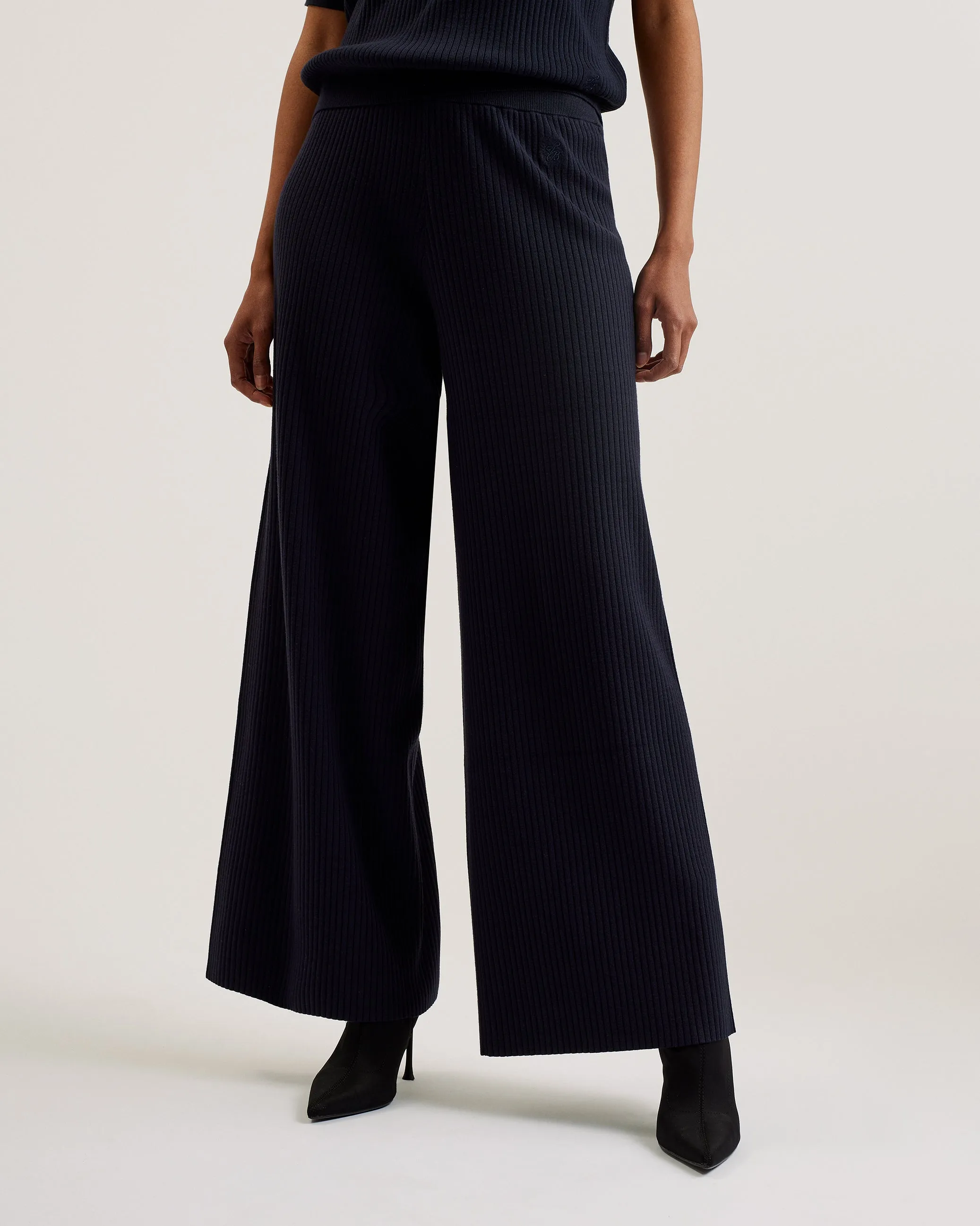 Ellenr Ribbed Knitted High Waist Wide Leg Trousers Navy