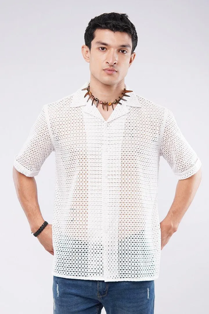 Embroidered Cut Out Cuban Shirt - White