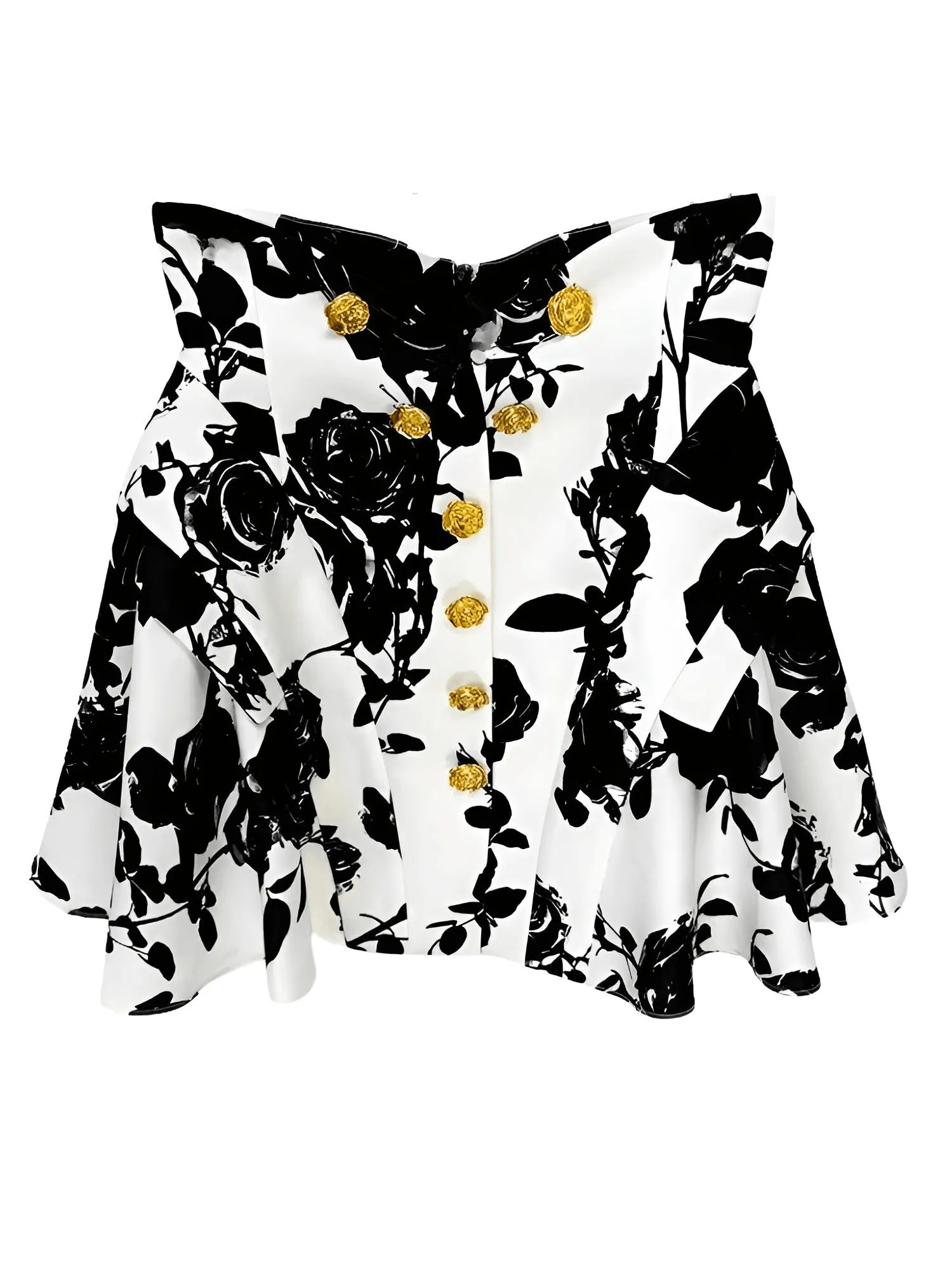 Fashion Women's Metal Rose Buttons Printed Floral Black & White Mini Skirt