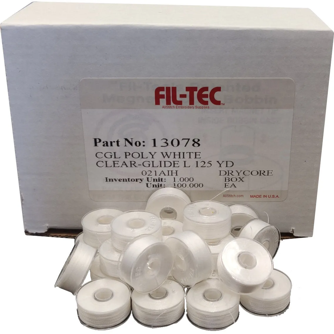 Fil-Tec Clear-Glide Plastic Sided Machine Embroidery Bobbins Size L - White (100 Bobbins)