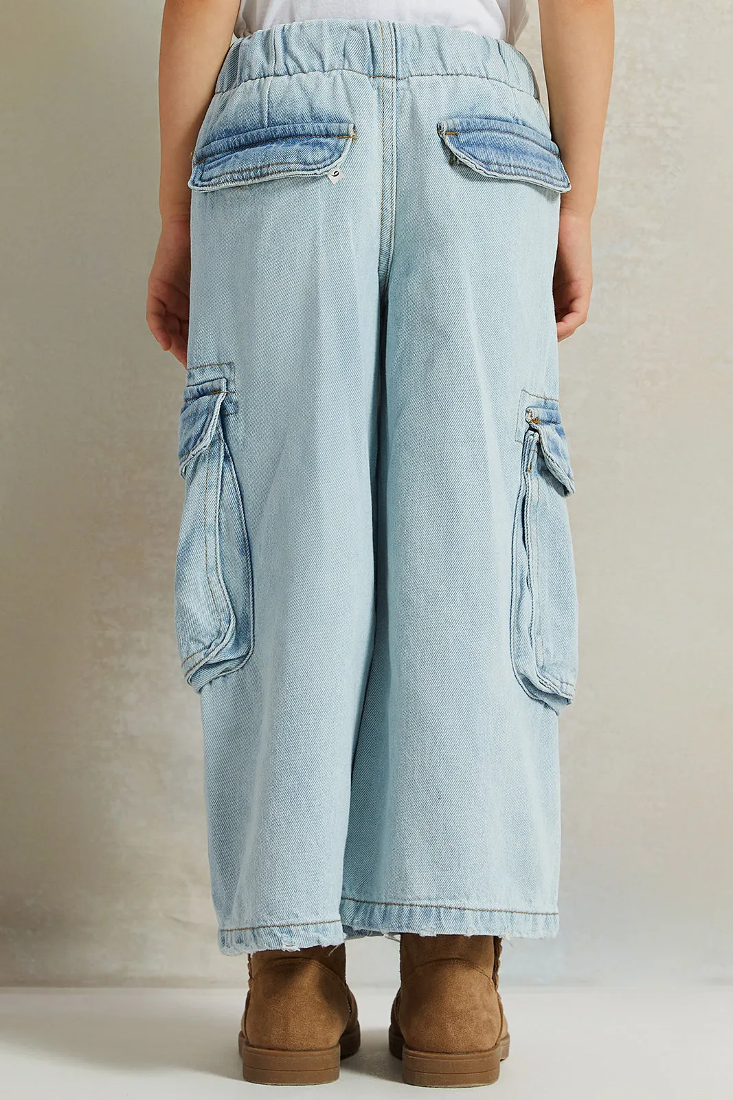 Girls Blue Wide Leg Cargo Denim Jeans