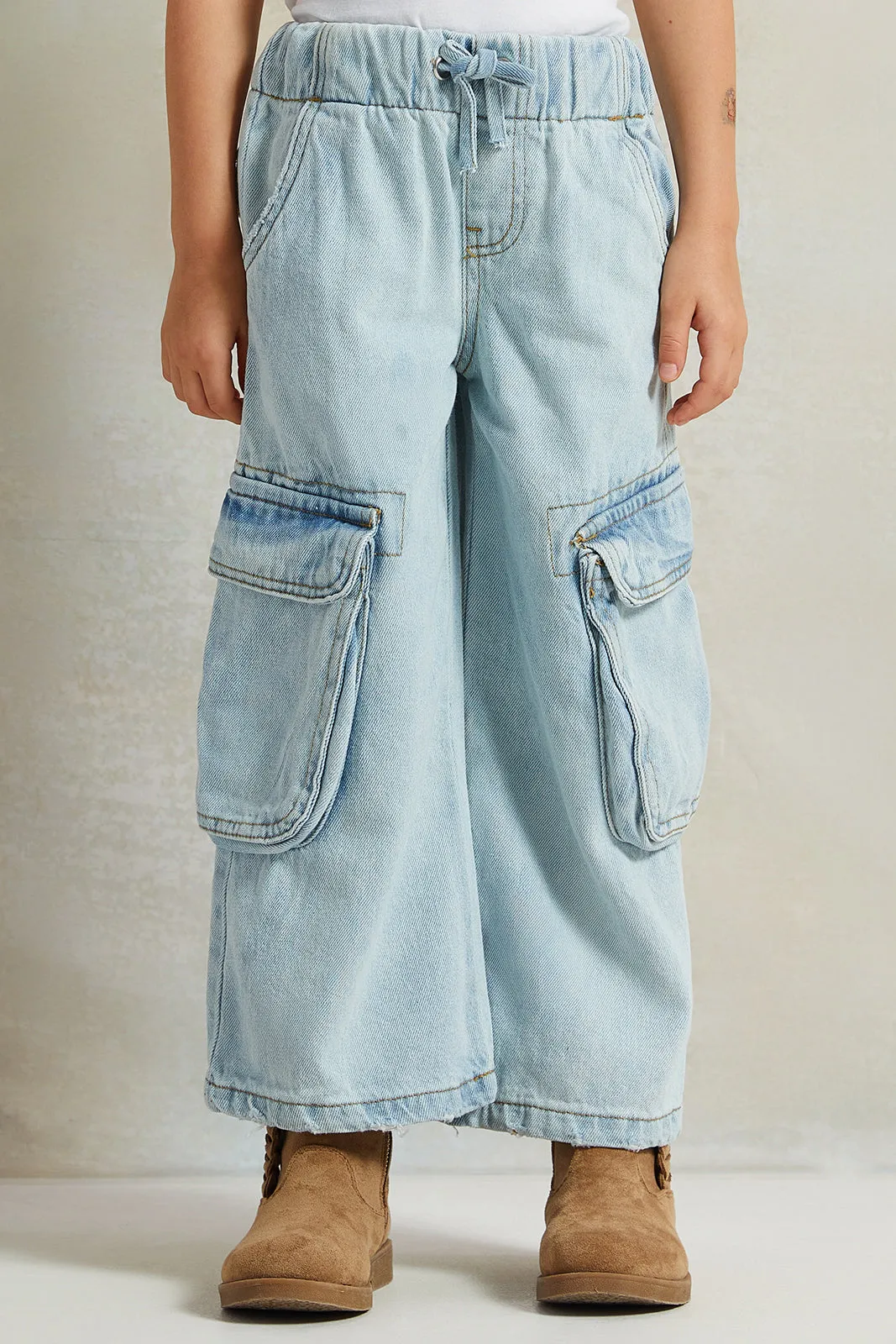 Girls Blue Wide Leg Cargo Denim Jeans