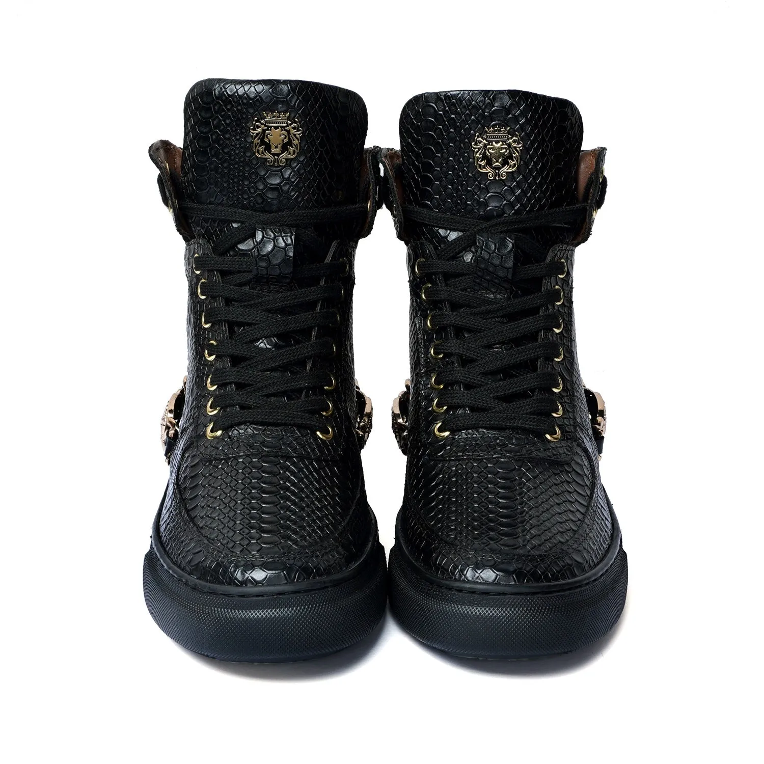 High-Top Black Sneaker in Snake Skin Textured Leather