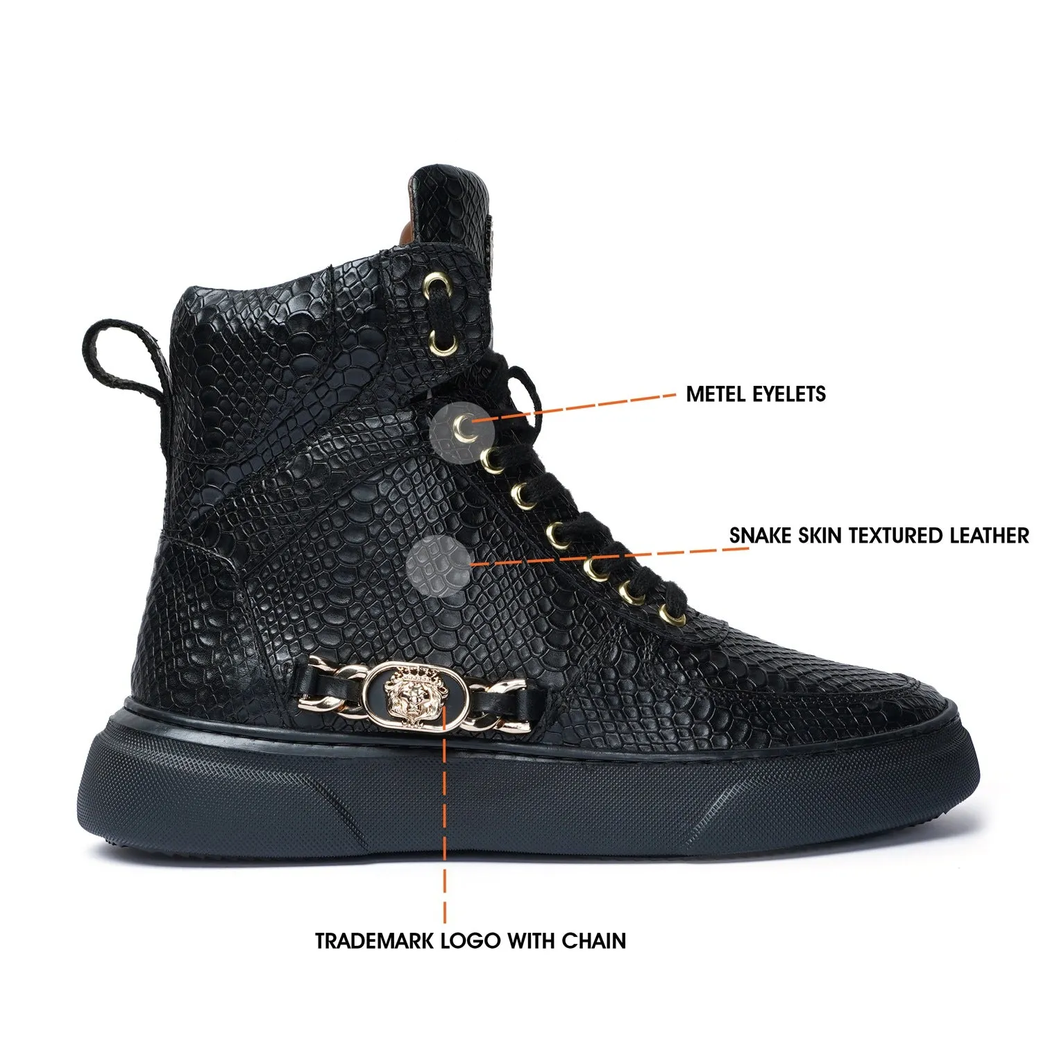 High-Top Black Sneaker in Snake Skin Textured Leather