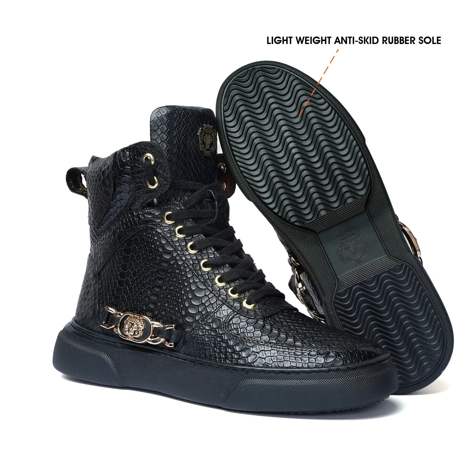 High-Top Black Sneaker in Snake Skin Textured Leather