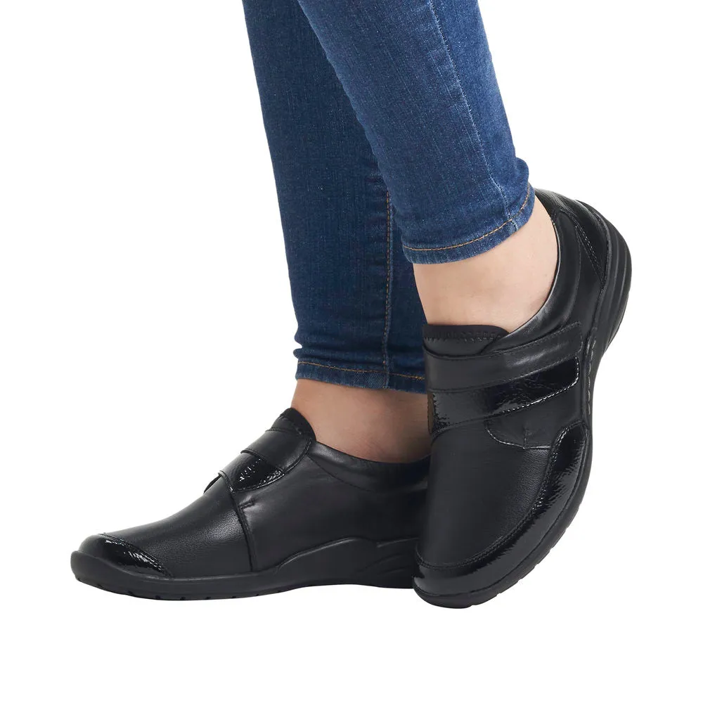 Ladies Strap Over Remonte Shoes Black Patent Mix Wider Fit R7600-04