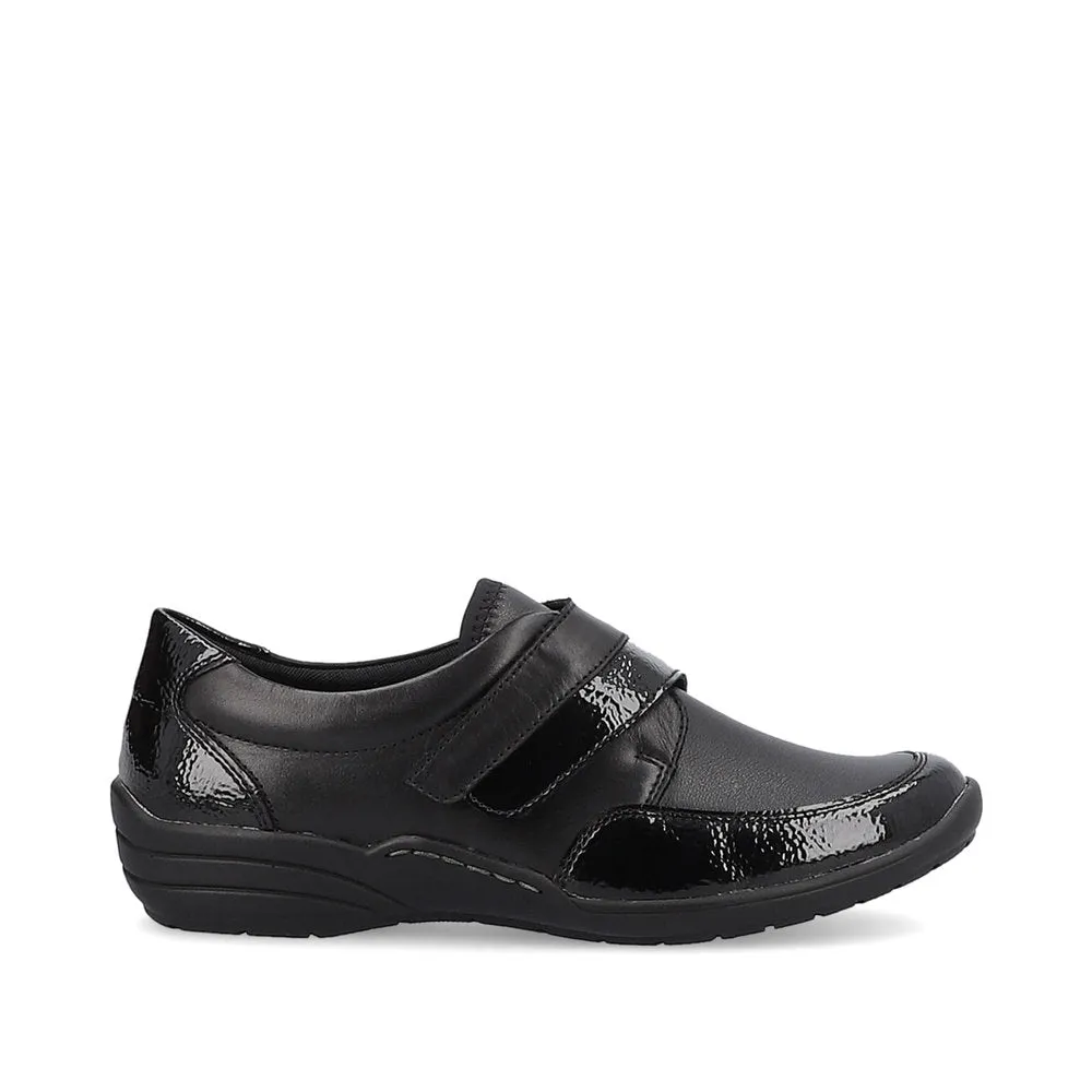 Ladies Strap Over Remonte Shoes Black Patent Mix Wider Fit R7600-04