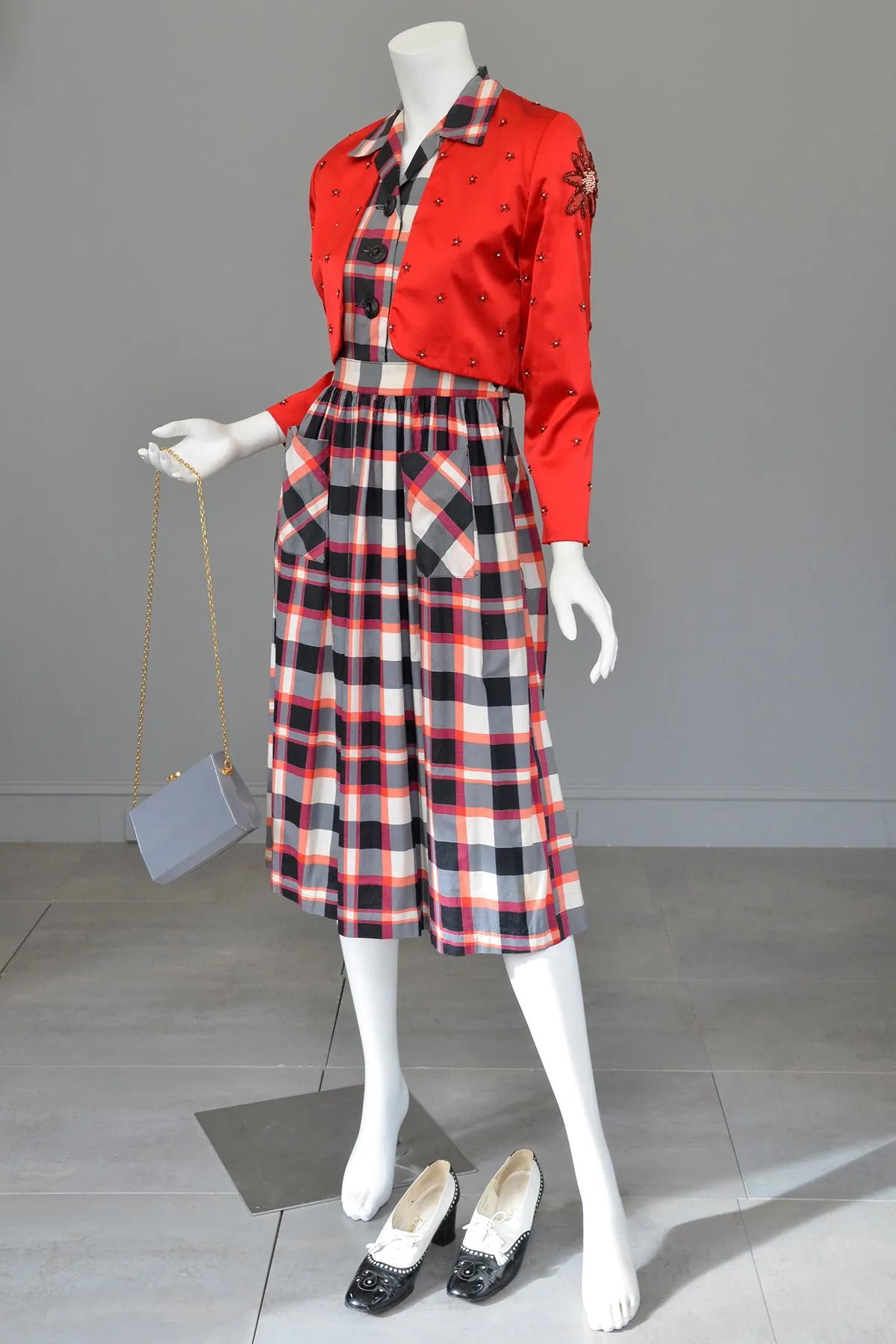 Late 1940s Early 50s Red White Black Plaid Dress Patch Pockets