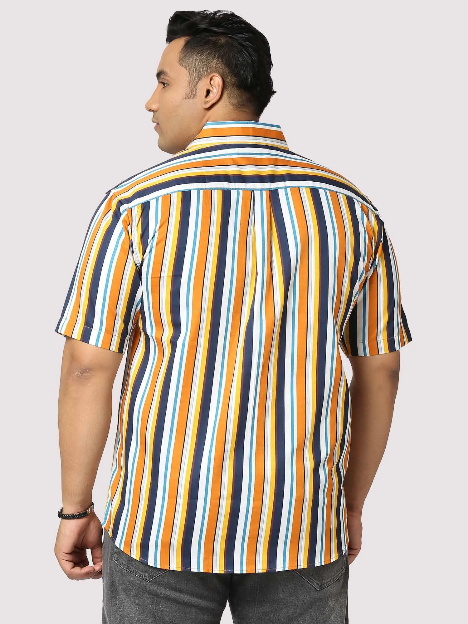 Lemon Stripes Digital Printed Half Shirt Men's Plus Size