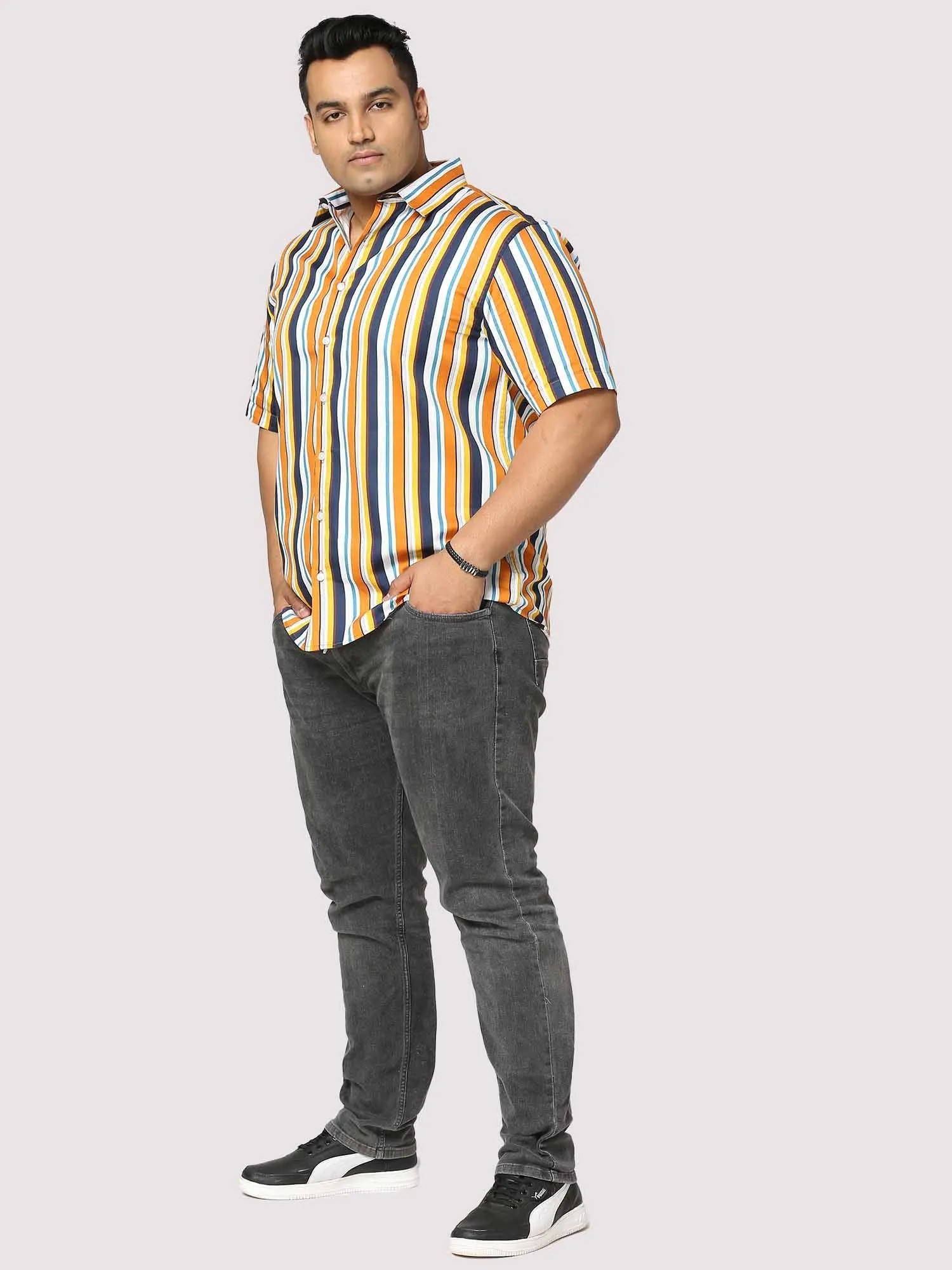 Lemon Stripes Digital Printed Half Shirt Men's Plus Size