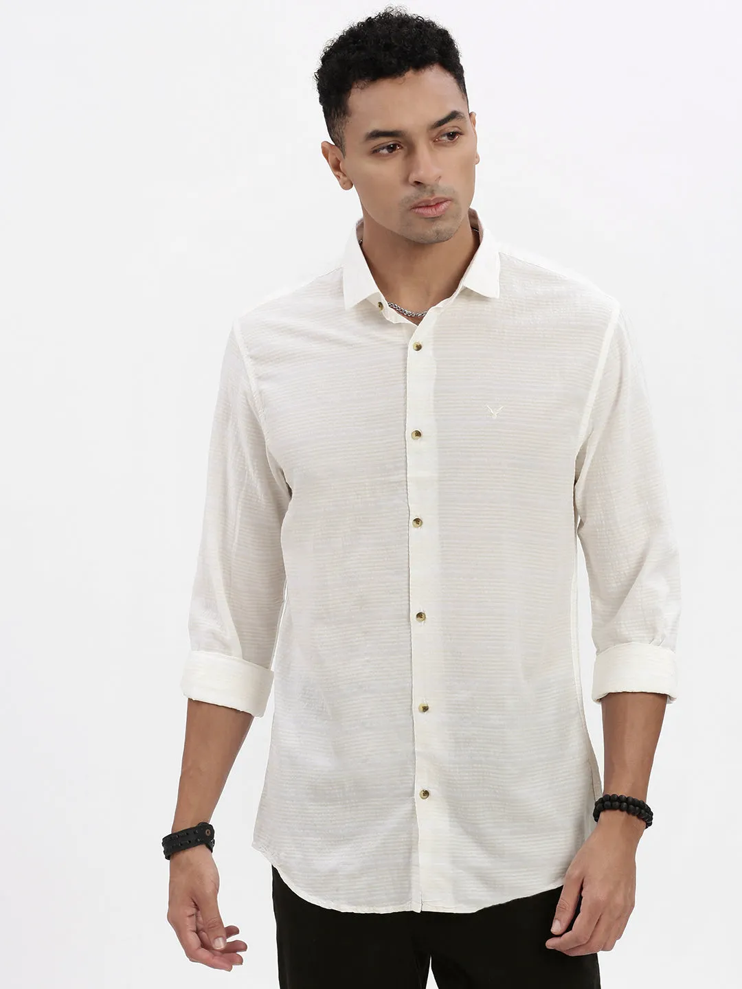 Men Cream Striped Slim Fit Shirt