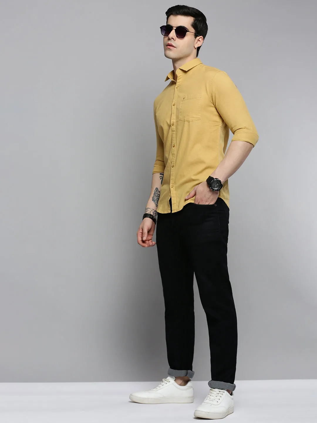 Men Khaki Solid Casual Shirt