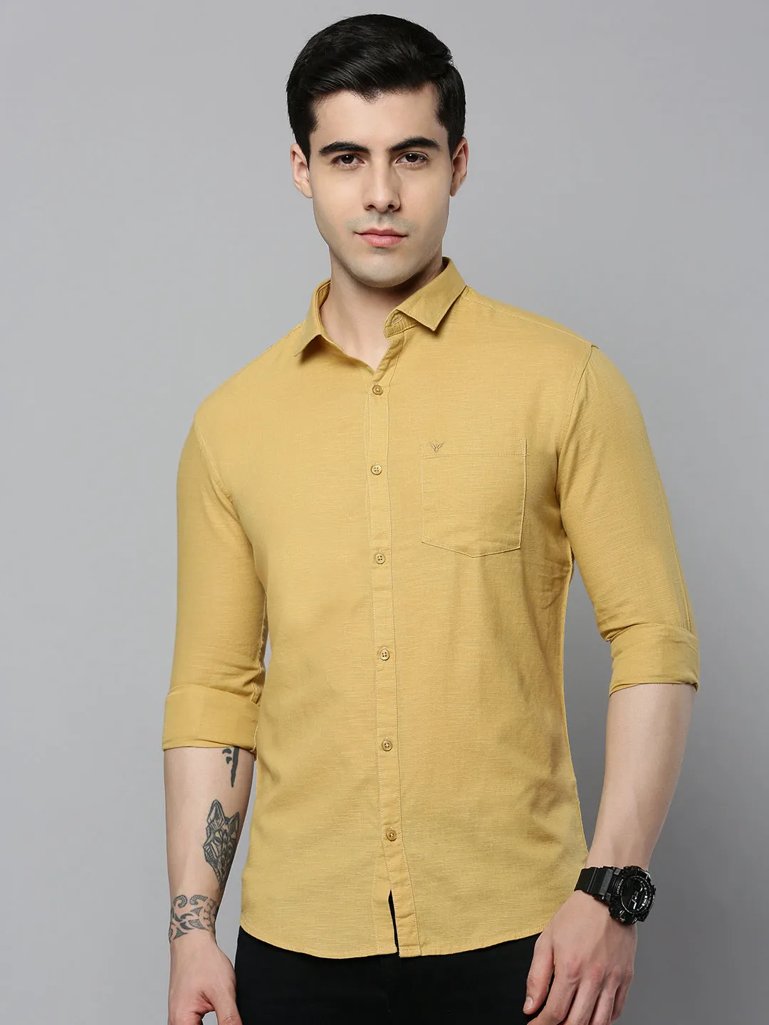 Men Khaki Solid Casual Shirt